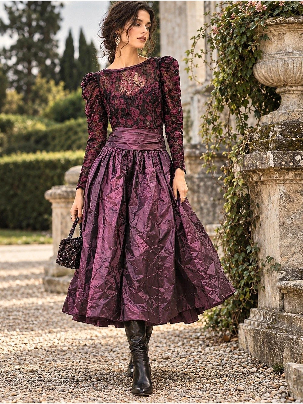 Vintage 80s Plum Black Lace Taffeta Puff Sleeve Romantic Goth Dress